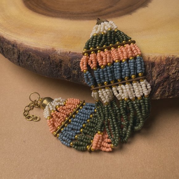 Boho Earth Tone Glass Seed Bead Wide Striped Coral Green Gold Beaded Bracelet - Picture 3 of 11
